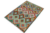 Flat Weave Kilim Antique Navaho Vintage handmade Geometric Kilim Rust Green Hand-Woven Rectangle 100% Wool Area Rug 4x6